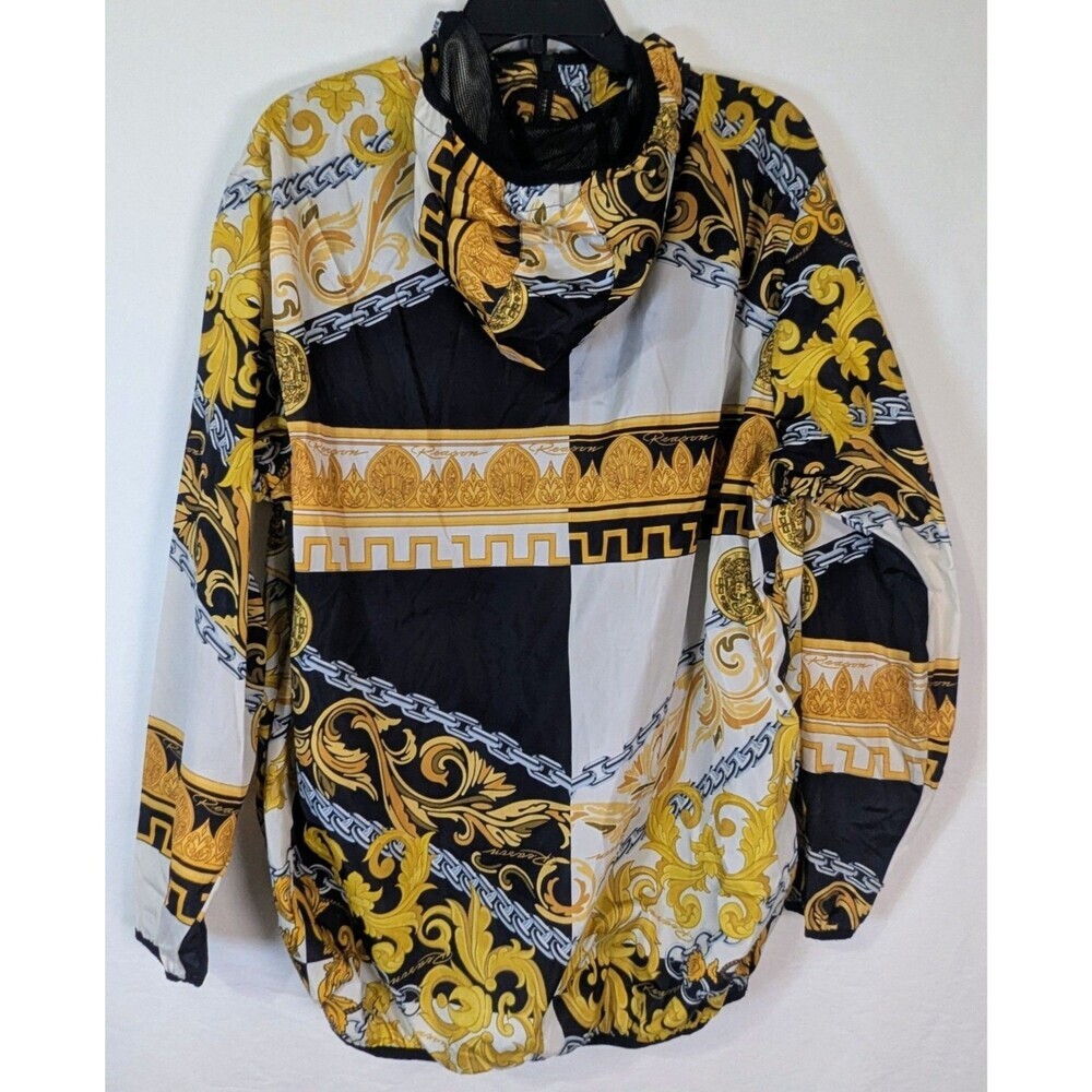 Reason Brand Baroque Chain Print Hooded Windbreaker Anorak Jacket XL Black Gold - Picture 2 of 7